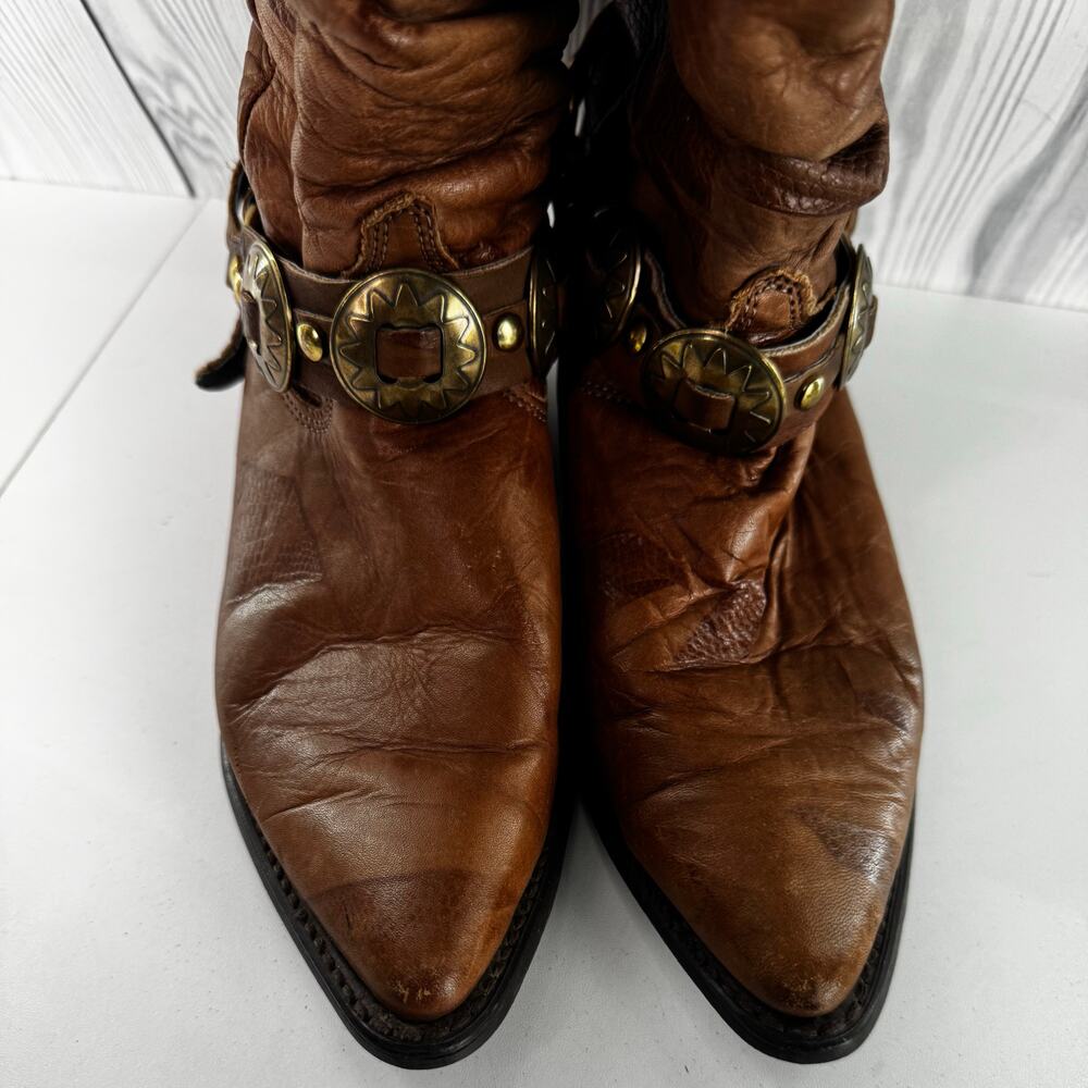 Vtg Dingo Boots Women Size 6.5 Olivia Slouch Chain Harness Concho Brown Leather - Picture 2 of 9